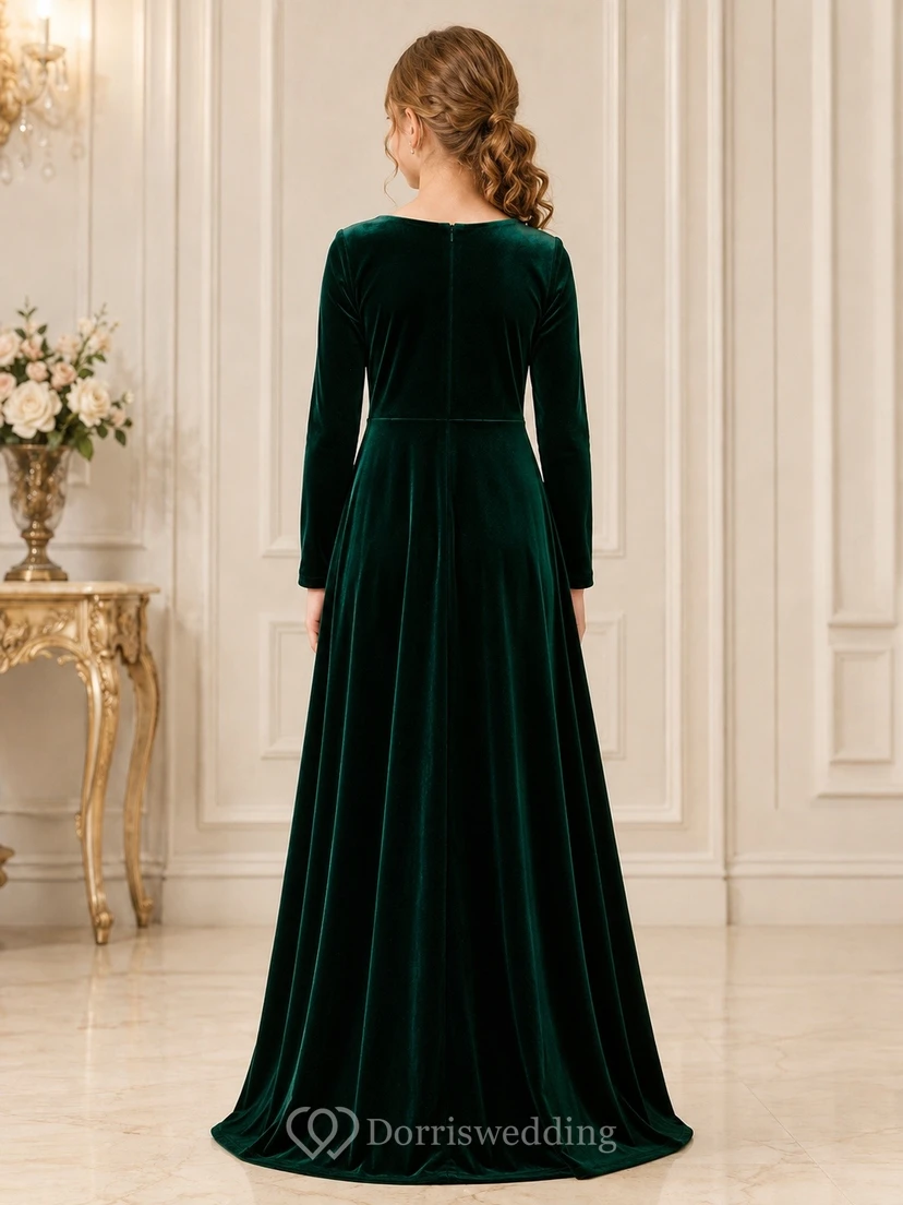 Dark Green Velvet Long Sleeve A Line Flowergirl Formal Dress view 2