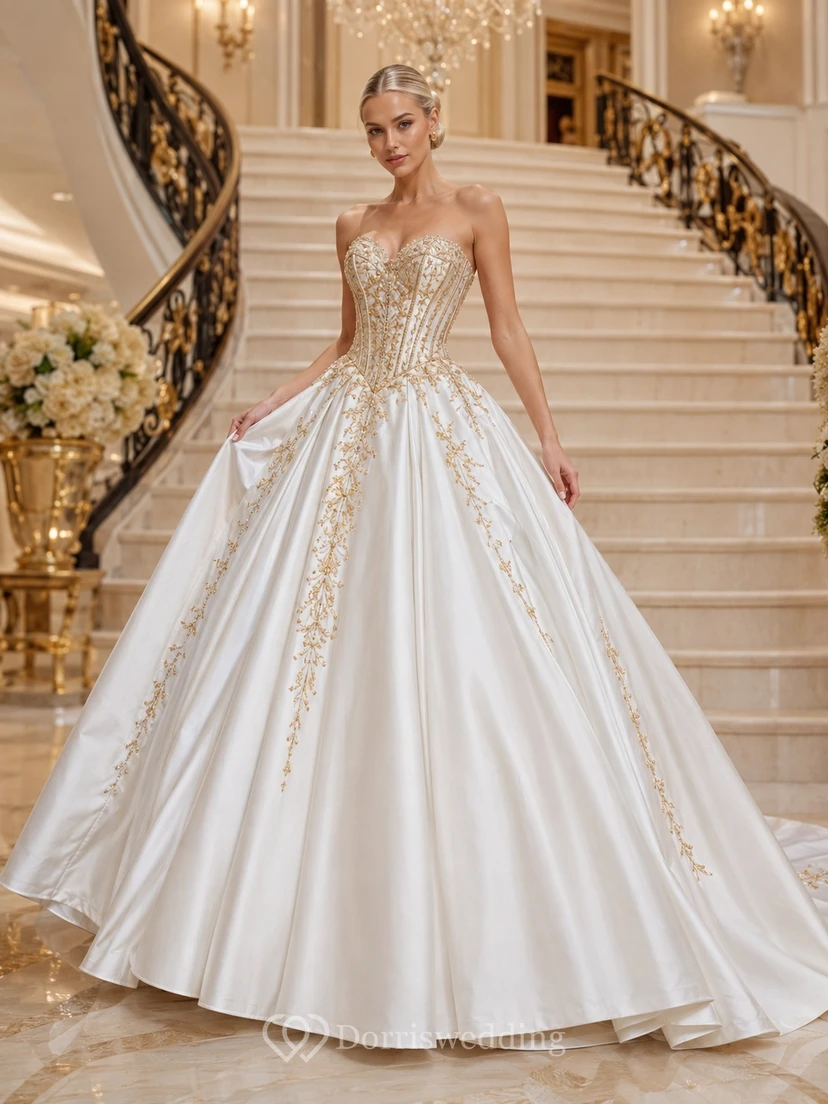 Goldenes Satin-Ballkleid, Brautkleid mit Herzausschnitt, trägerlos, bodenlang, mit Schleppe, Luxuskleid