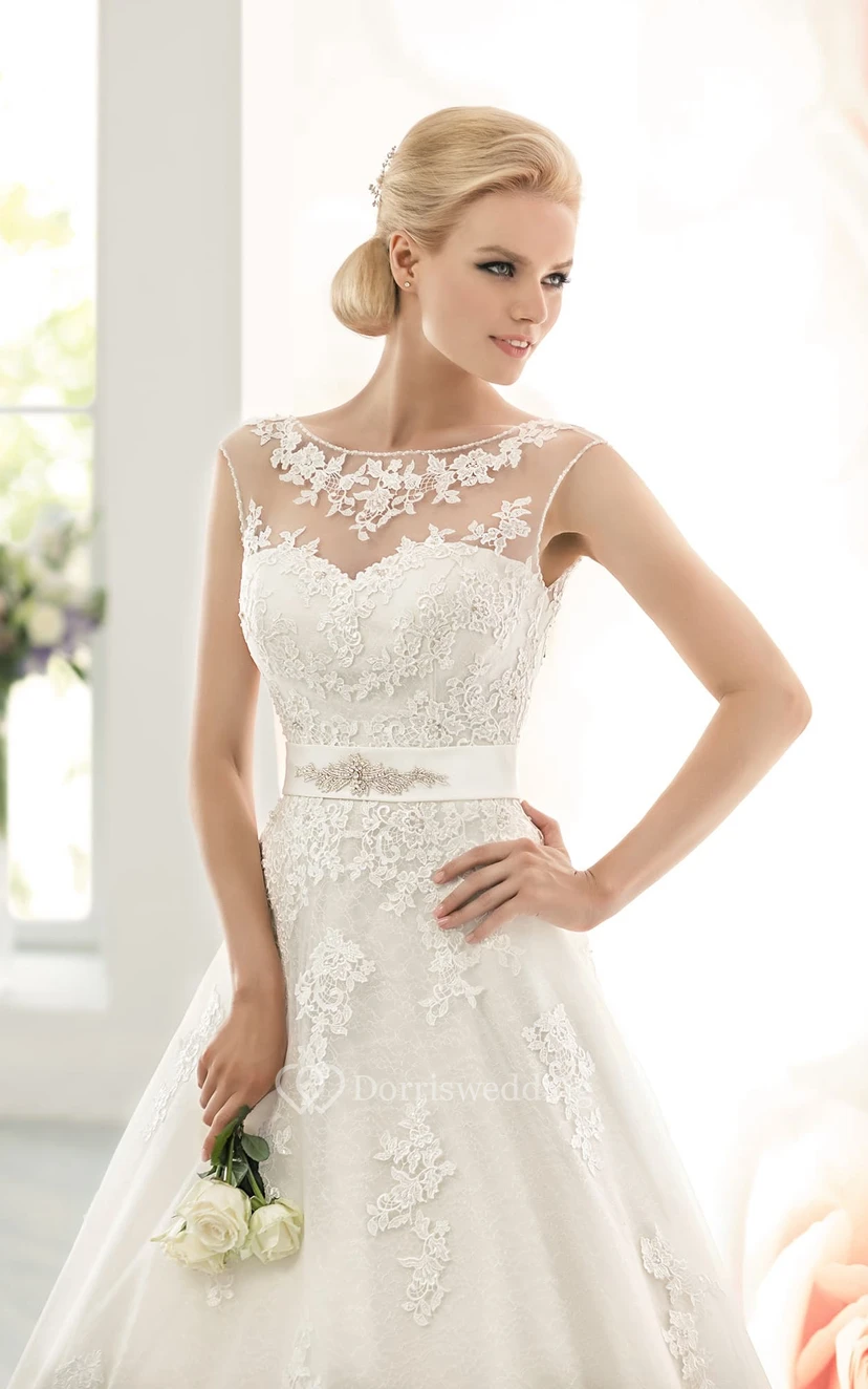 Long Sleeveless A-line Lace Wedding Dress With Beaded Sash
