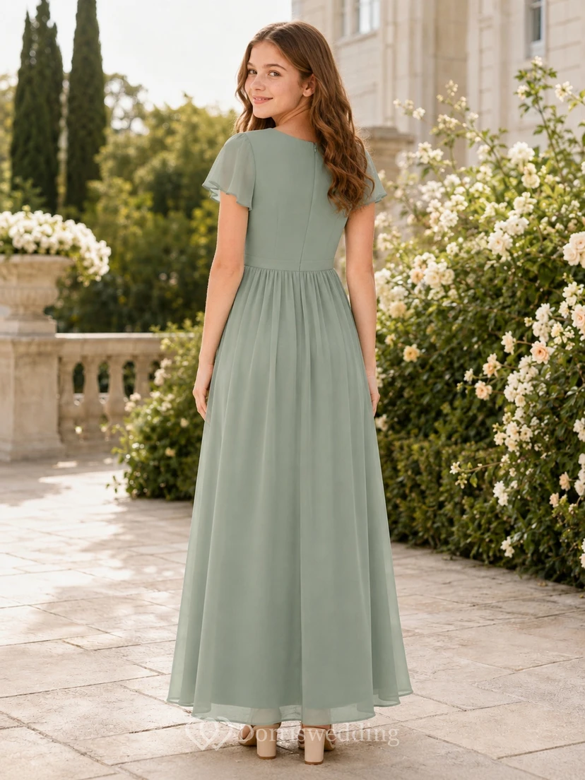Celadonfarbenes Brautjungfernkleid für junge Damen, A-Linie, Rundhalsausschnitt, kurze Blütenblattärmel, Chiffon, schlicht view 2