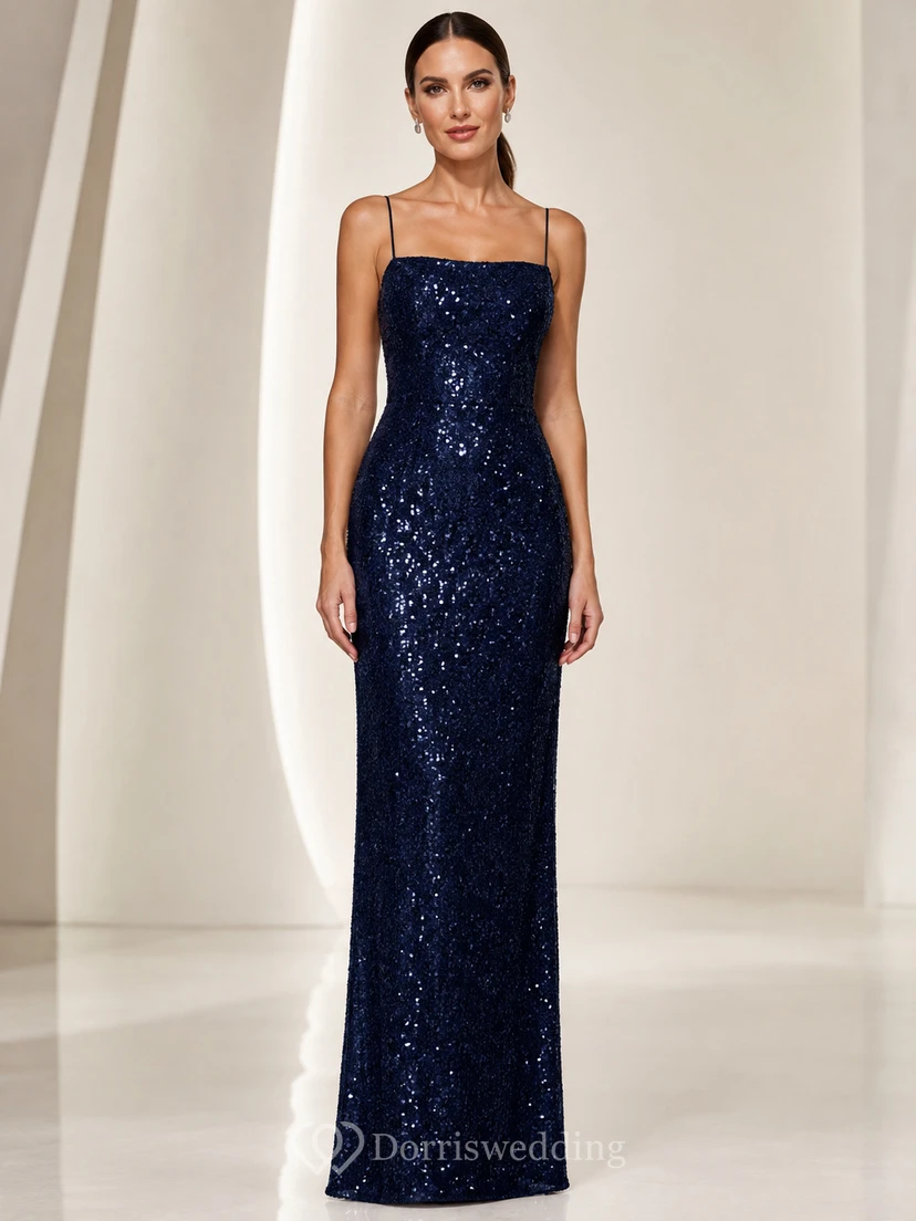 Dark Navy Spaghetti Strap Sequin Sheath Evening Dress