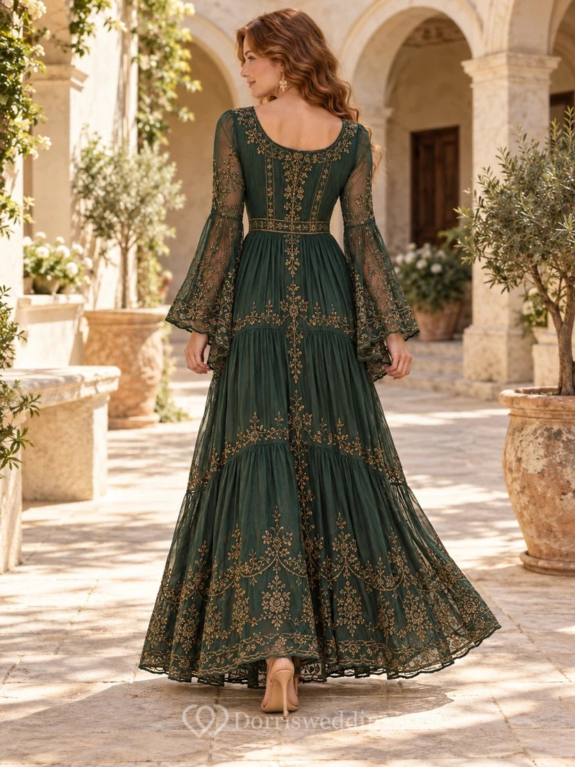 tiered formal dress with sleeves Boho Dark Green Scoop Long Bell Sleeve Fall2026