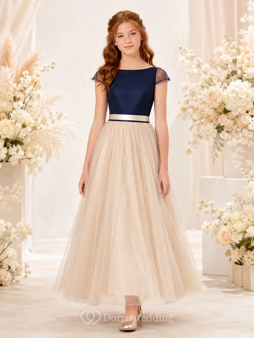Dark Navy Junior Bridesmaid Dress A-Line Square Short Illusion-Sleeve Tulle Sash/Ribbon Elegant
