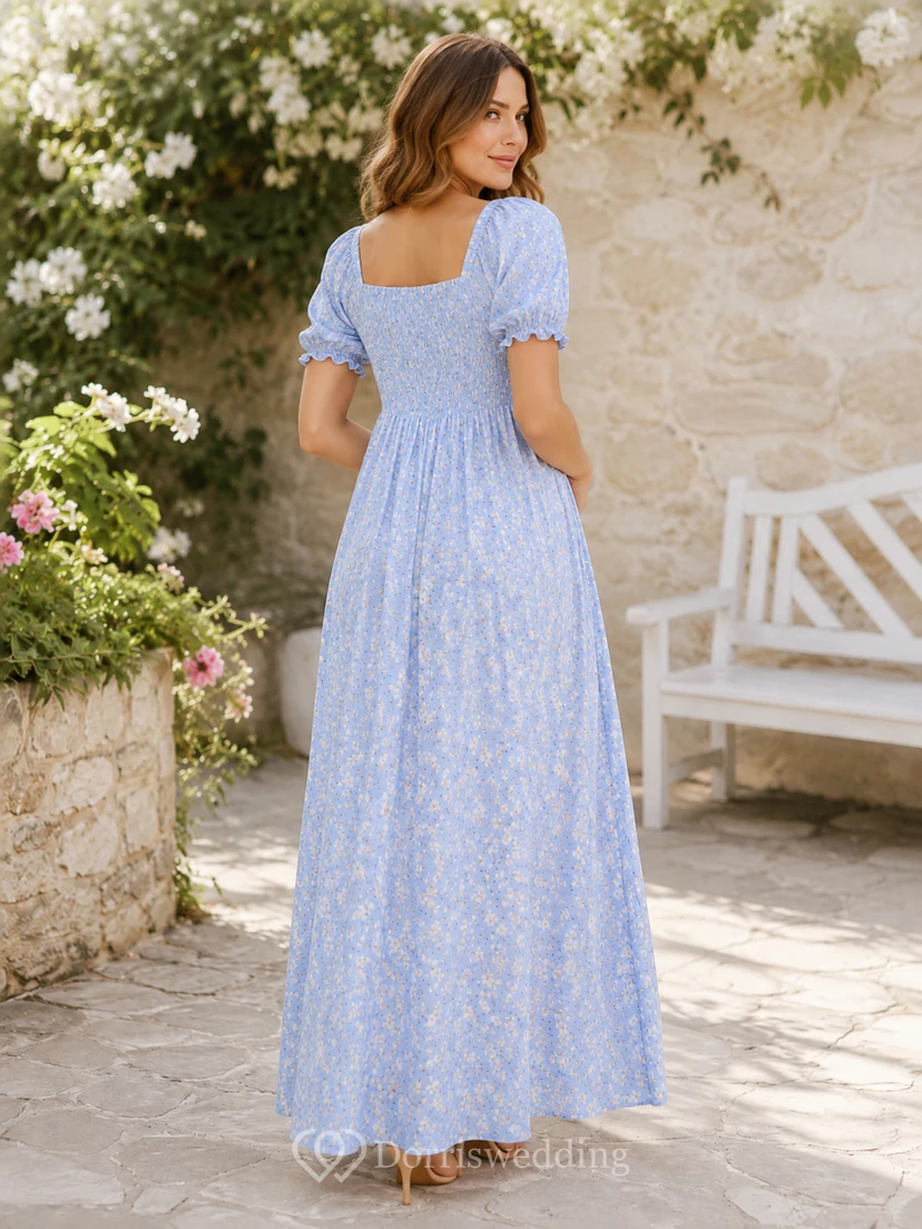 Sky Blue Floral Maternity Square Neck Puff Sleeve Floor Length Garden Dress view 2