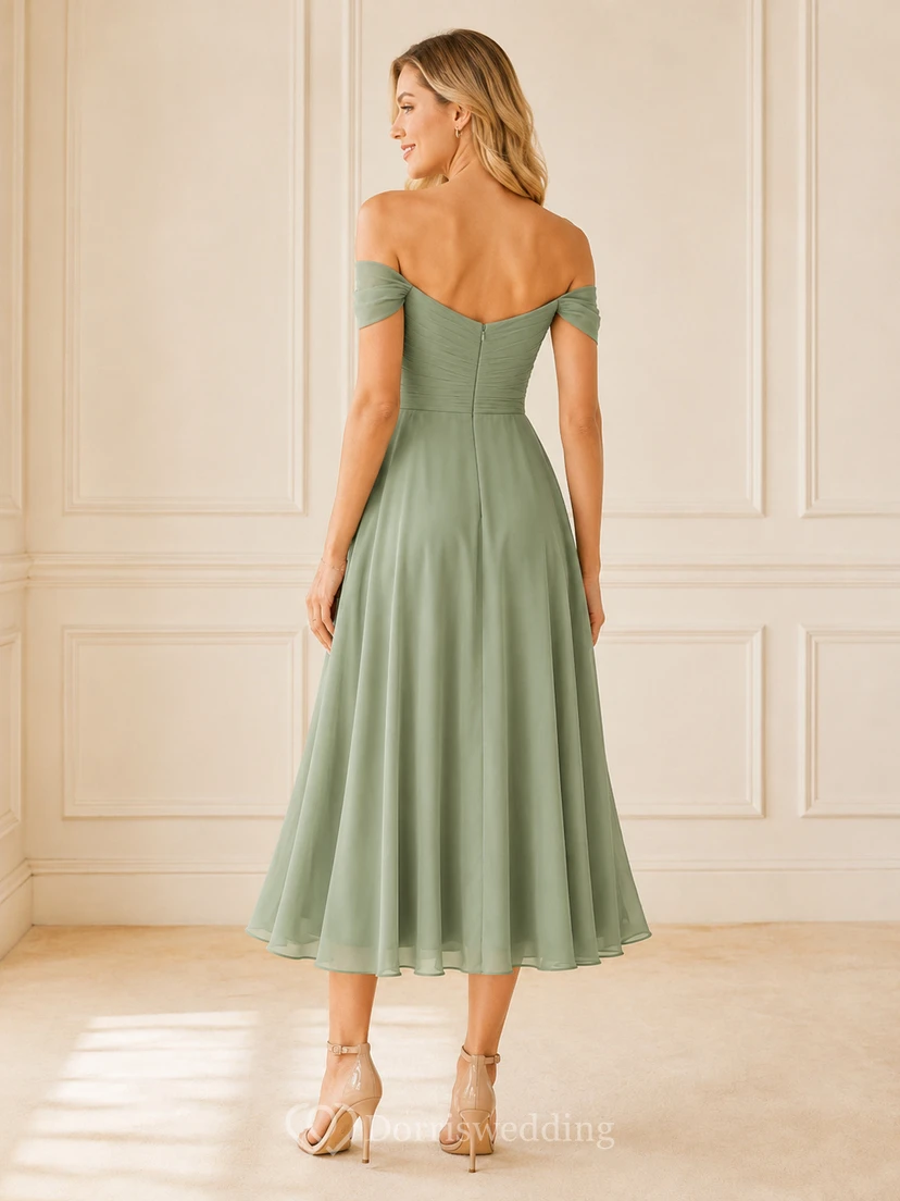 Garden Waltz Celadon A-Line Tea-Length Off-Shoulder Short-Sleeve Chiffon Romantic Bridesmaid Dress view 2