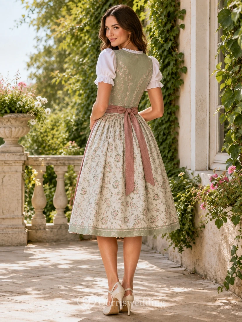 Vintage Blush Sage Square Neck Puff Sleeve Floral Dirndl A-Line Tea-Length Dress view 2
