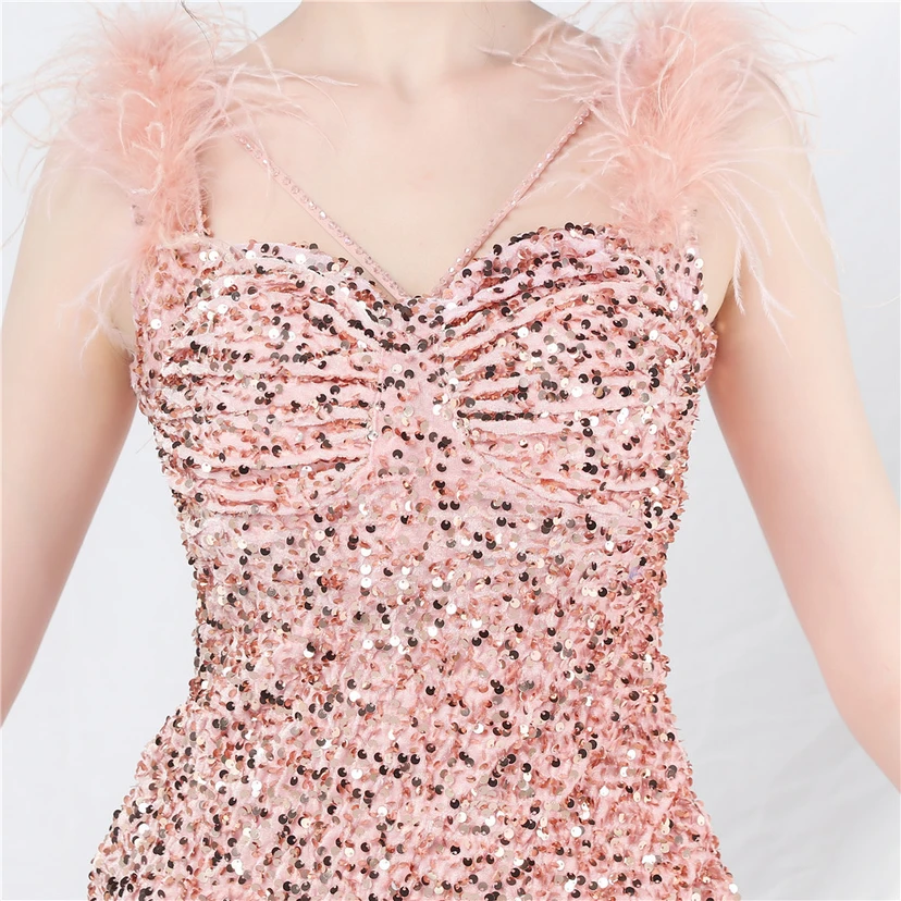 Craft Ostrich Feather Handmade Velvet Bottom Sequined Short Evening Dress Short Skirt view 44