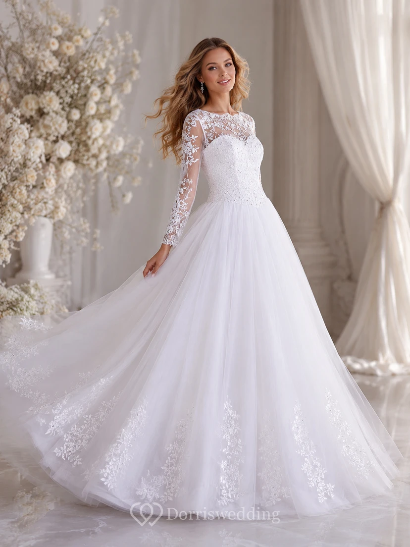 A-Line Ball Gown Long Sleeve Cathedral Train Tulle Lace Satin Dress view 4
