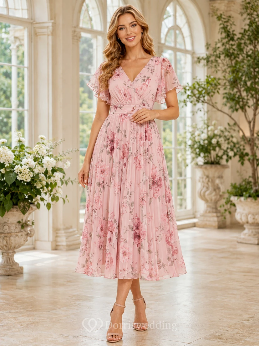 Robe d'invitée rose pâle à fleurs, col en V, manches courtes, longueur thé
