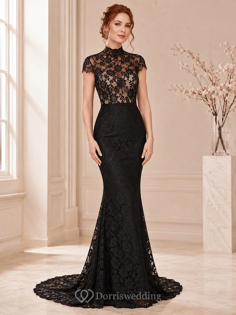 Black High Neck Short Sleeve Lace Mermaid Sweep Train Formal Gown