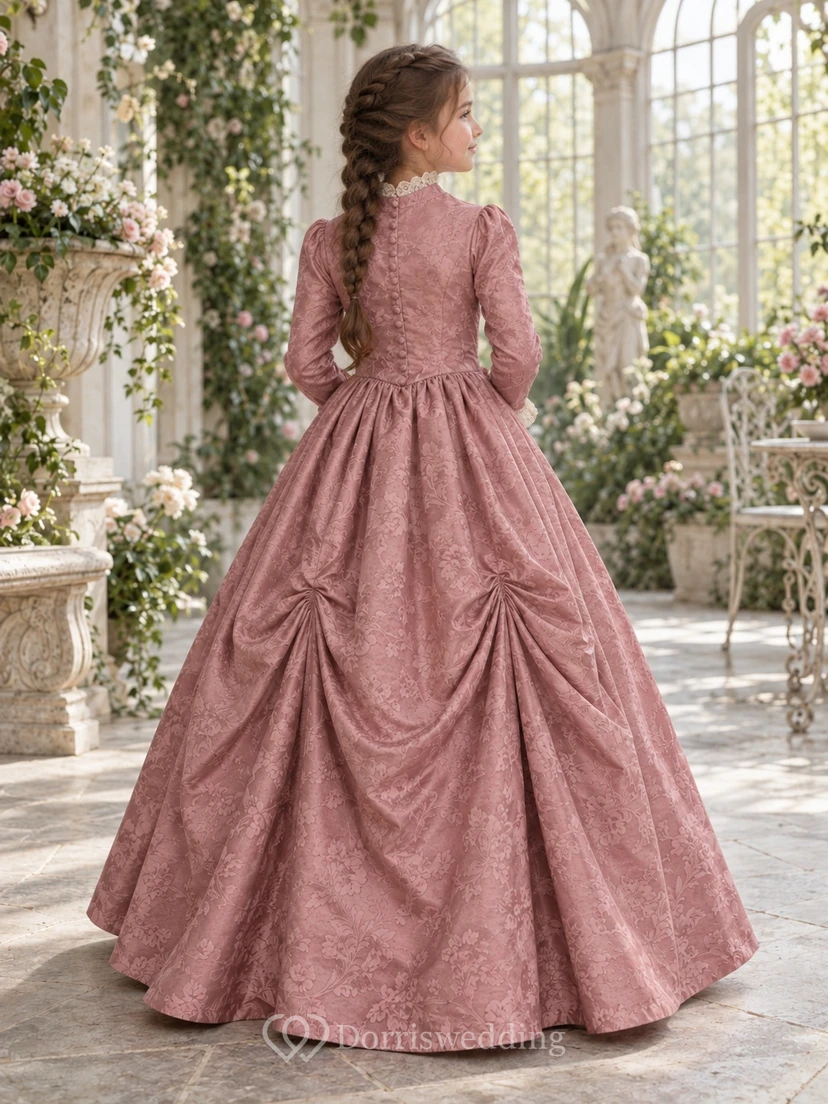 Viktorianisches Ballkleid für Blumenmädchen aus altrosafarbenem Brokat mit langen Ärmeln view 2