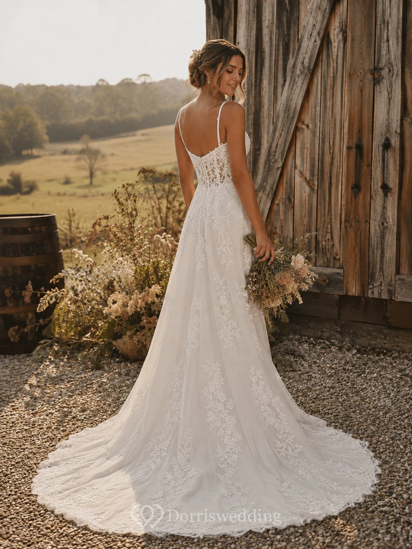 Boho Simple Lace Wedding Dress with Spaghetti Straps, Fitted Bodice & Soft Sheath Train view 2