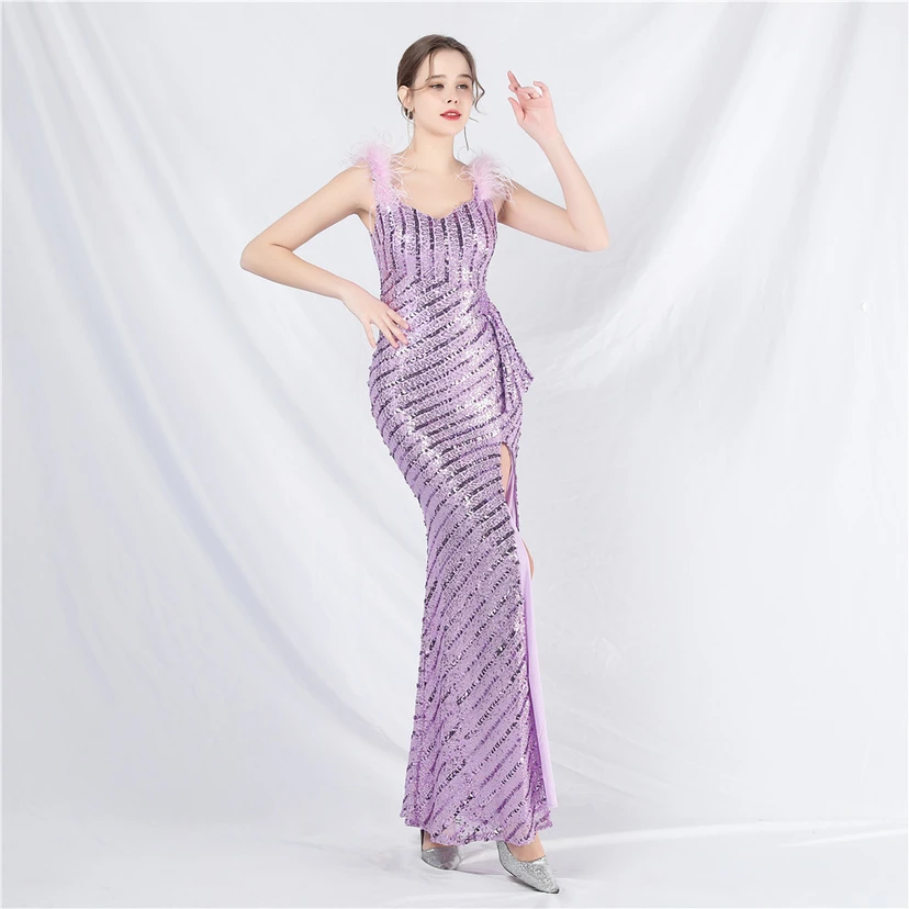 Evening Dress Craft Beaded Ostrich Feather Sequined Side Slit Evening Dress view 12