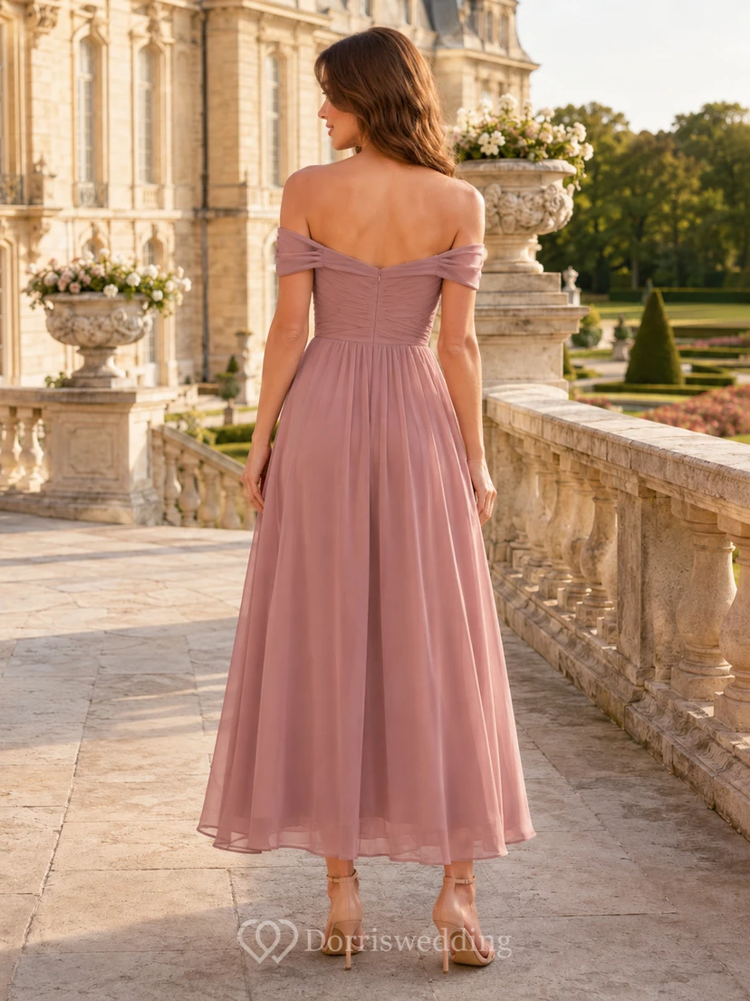 Vintage Dusty Rose schulterfreies Tüll-A-Linien-Kleid in Teelänge mit Falten view 2