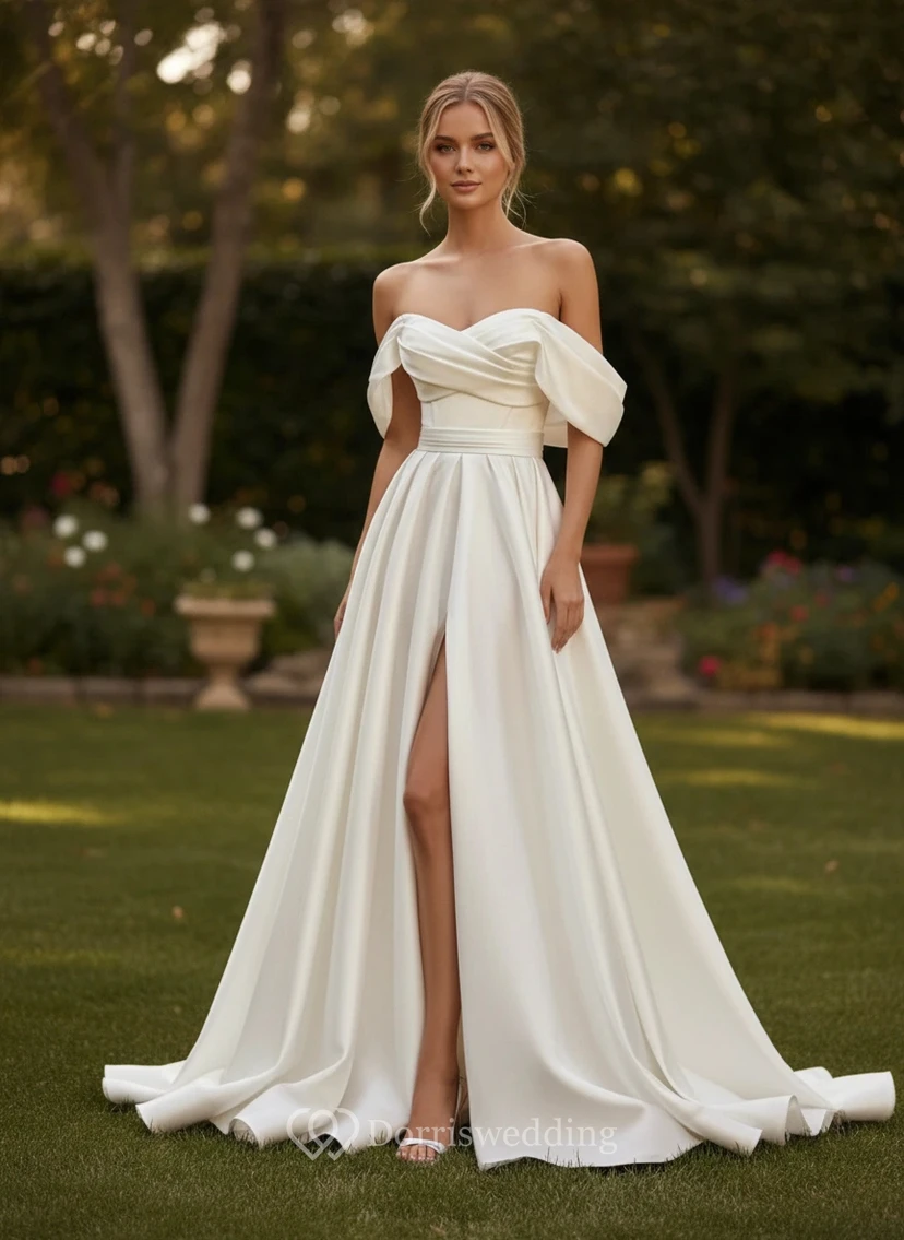 A-line Satin Off-the-Shoulder High-Slit Wedding Dress