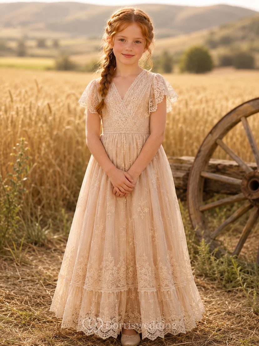 Vestido de niña de flores de tul y encaje con corte en A, mangas cortas, cuello redondo y falda a la altura de la rodilla.