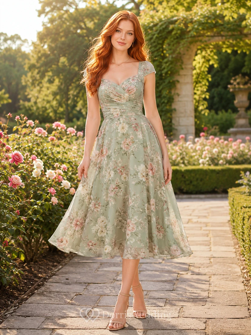 Sage Floral Cap Sleeve A Line Family Portrait Dress