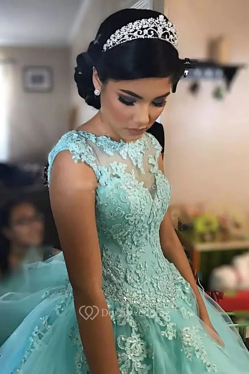 Bateau Cap Short Sleeve Brush Train Lace Tulle Ball Gown Dress