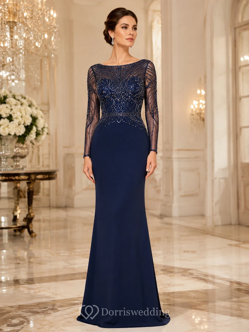 Vestido de noche formal modesto de manga larga, estilo barcoau, color azul marino oscuro medianoche, con encaje y jersey, corte tubo, hasta el suelo.