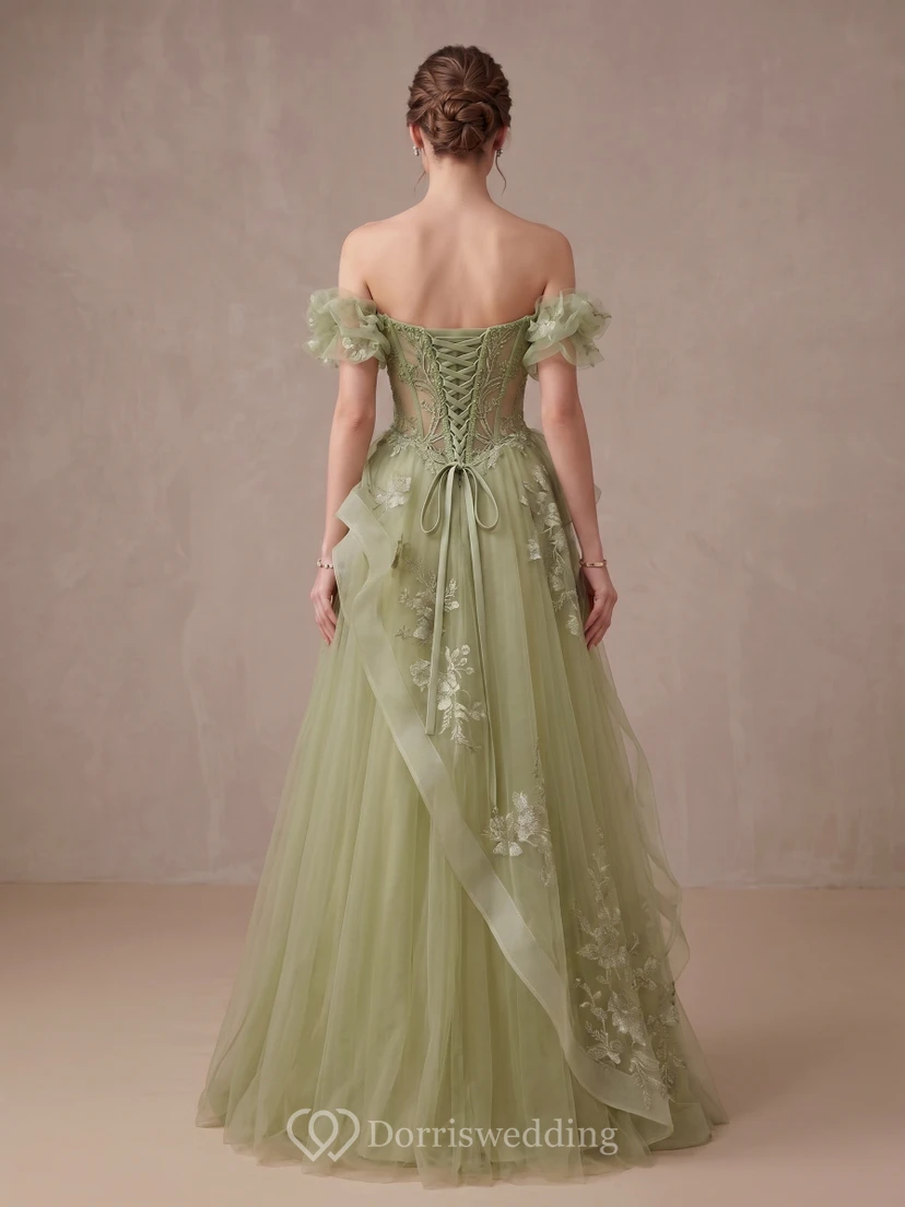 Mint Green Asymmetrical Tulle Gown with Embroidery view 2