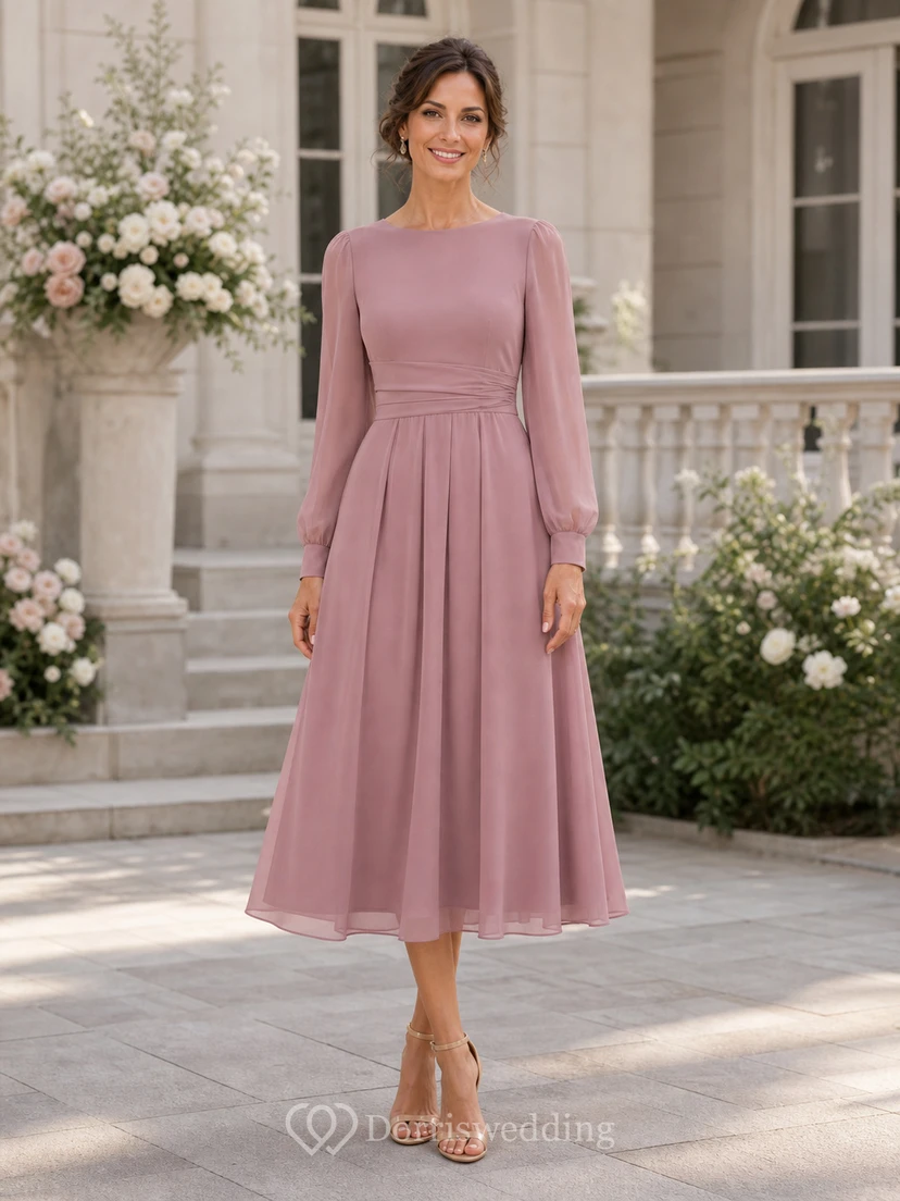 Bateau Long Sleeve Chiffon Midi Dress view 3