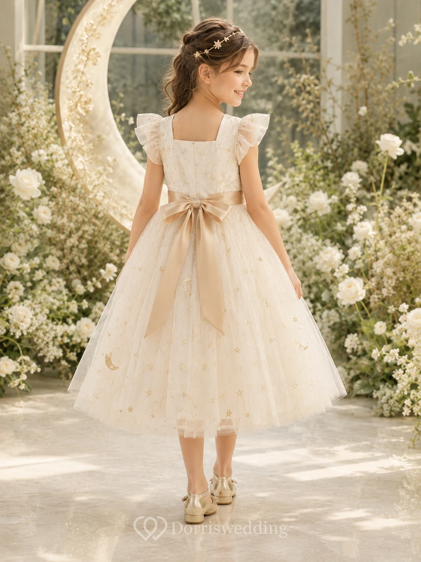 Flower Girl Dress A-Line Cream Moon Star Tulle Flutter Sleeve Garden view 2