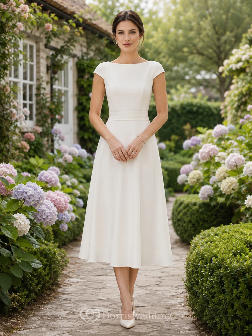 Elfenbeinfarbenes Midikleid mit kurzen Ärmeln und Rundhalsausschnitt in A-Linie