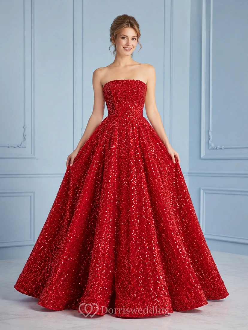 Red Sequin Strapless Layered Tulle Ball Gown Prom Dress
