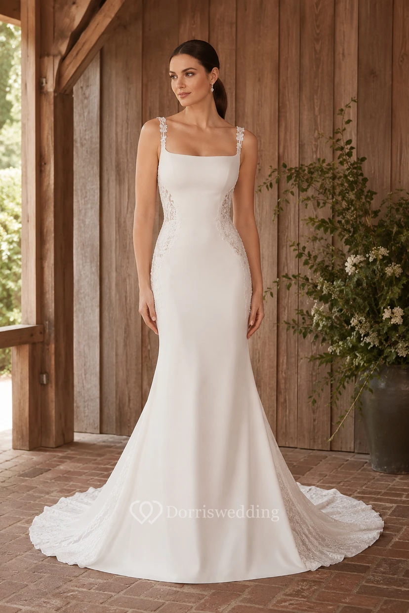 Brautkleid im Meerjungfrauenstil aus Satin mit eckigem Ausschnitt, Trägern und Schleppe