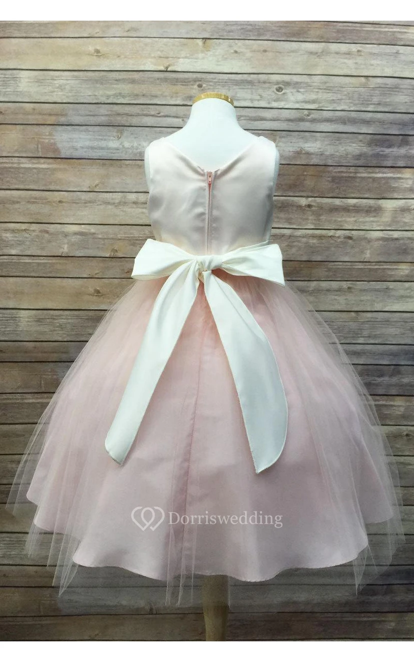 Scoop Neckline Sleeveless A-line Tulle Ankle Length Dress With Flower view 5