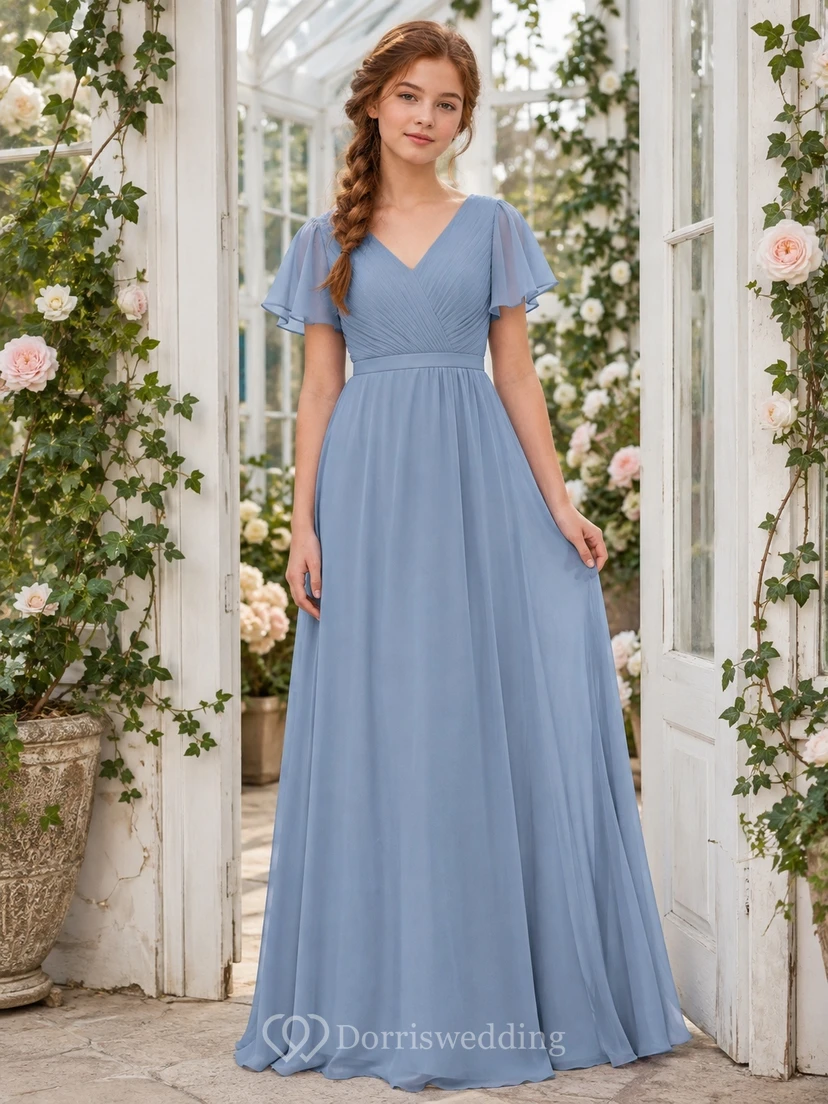 Lavendelfarbenes Brautjungfernkleid für junge Damen, A-Linie, V-Ausschnitt, kurze Blütenblattärmel, Falten-Details, romantisch