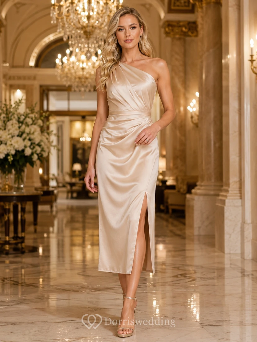 Champagne Luxury Hotel Wedding Guest Bridesmaid Cocktail Formal Dress Sheath Tea-Length One-Shoulder Sleeveless Satin Midi Draped Leg Slit Zipper Back