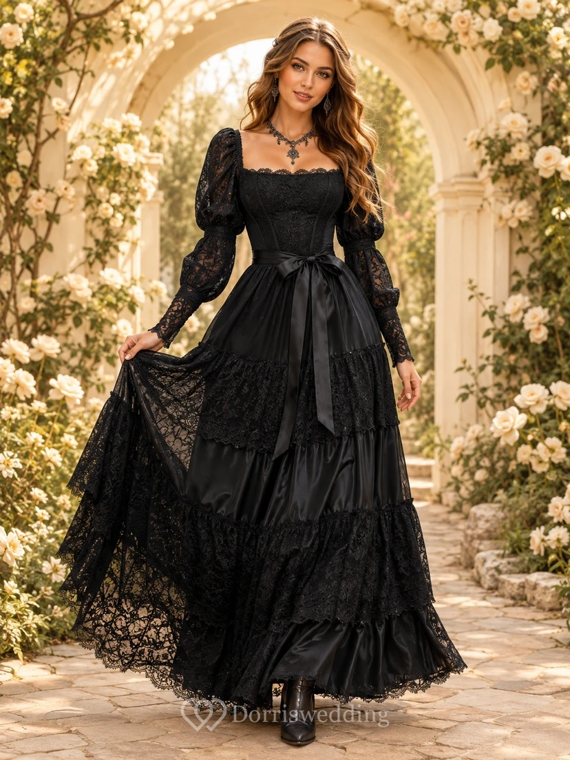 Black Square-Neck Long-Sleeve Puff-Sleeve Tiered Tulle A-Line Floor-Length Western Dress