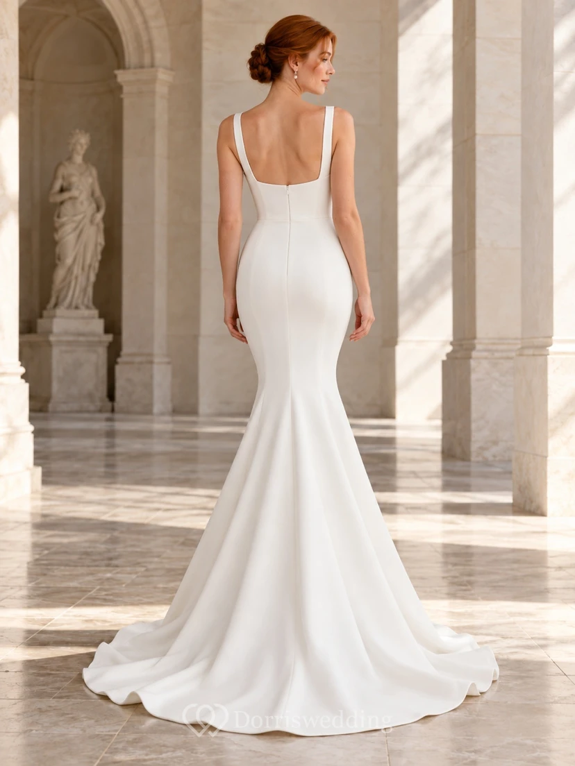 Simple Mermaid Square Neck Satin Sleeveless Sweep Train Wedding Dress view 2
