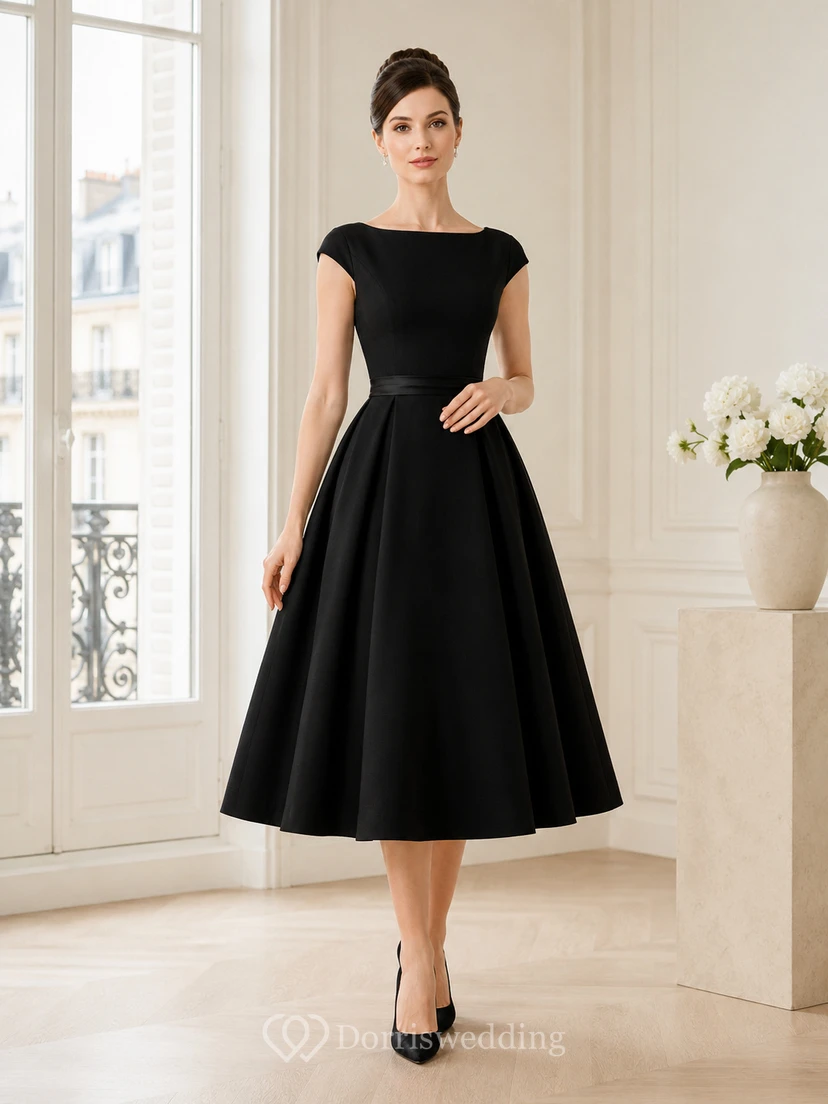 Schwarzes, plissiertes Vintage-Cocktailkleid aus Satin mit U-Boot-Ausschnitt, kurzen Ärmeln und Teelänge