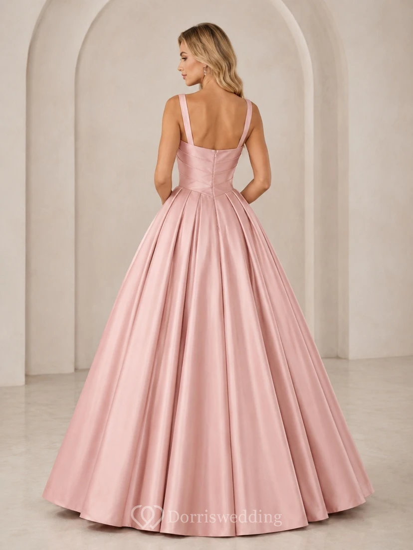 Pink Satin Square Neck Sleeveless Ball Gown Floor-length Elegant Modern Prom Dress view 2