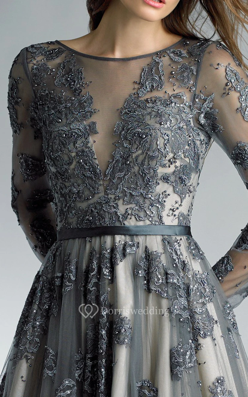 A-line Floor-length High Neck Long Sleeve Tulle Zipper Dress view 6