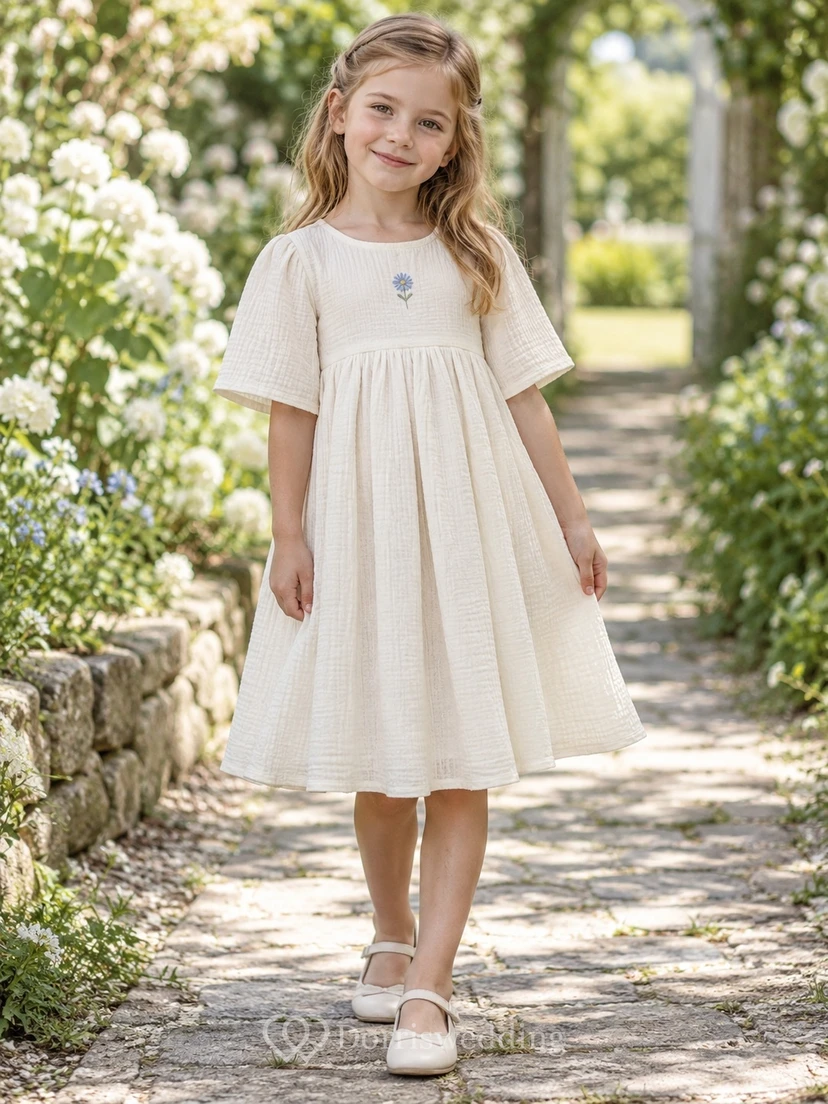 Simple Country Modest Ivory Empire Blue-floral Jewel Half-sleeve Gathered Button-back Flower Girl Dress