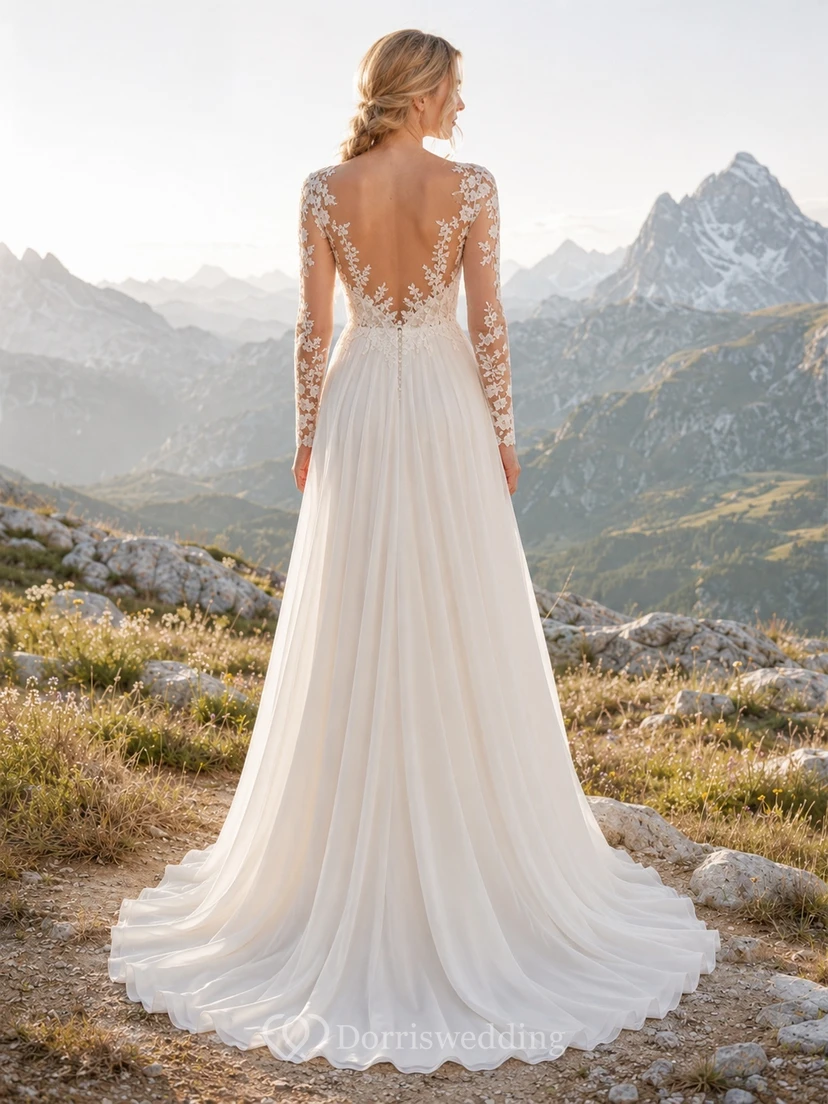 Spitzenkleid in A-Linie, V-Ausschnitt, lange Ärmel, Illusion-Effekt, schwungvoller Bohème-Stil view 2