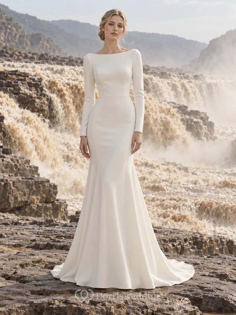 Vestido de novia sencillo y modesto de manga larga estilo barco con cola y escote sirena.