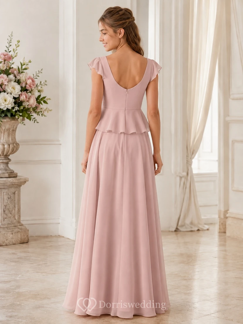 Vestido de dama de honor juvenil rosa ruborizado, corte en A, escote redondo, manga corta, falda de gasa, cintura con volantes, estilo romántico. view 2