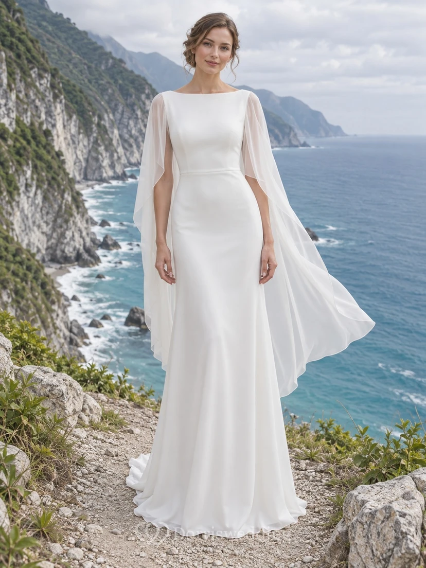 Schlichtes, elegantes Chiffon-Brautkleid mit hohem Kragen, Cape und Schleppe