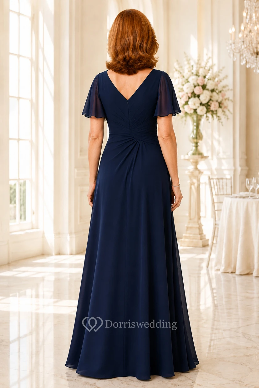 Robe mère bleu marine foncé en mousseline de soie, coupe trapèze, col en V et manches papillon view 2