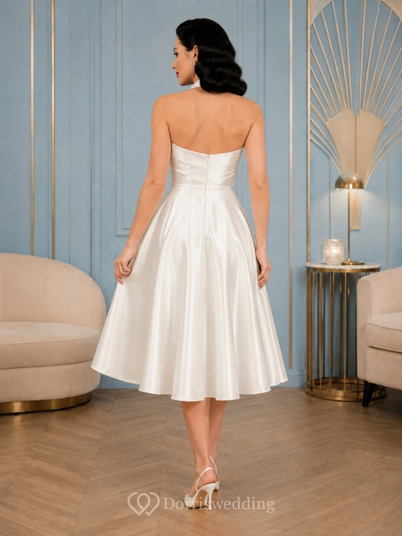 White Sweetheart Straps Sleeveless Satin A-Line Midi Dress view 2