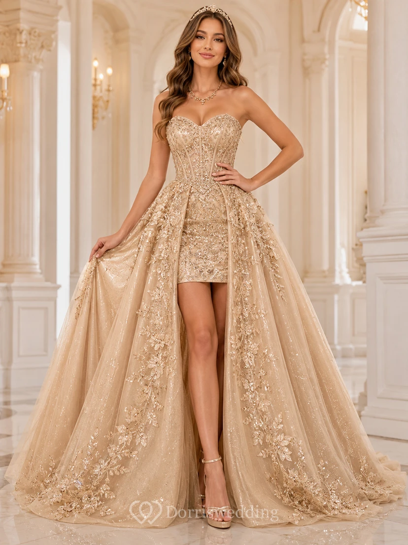 Champagne Strapless Sweetheart Glitter Beaded Tulle Ball Gown High Low Quinceanera Dress