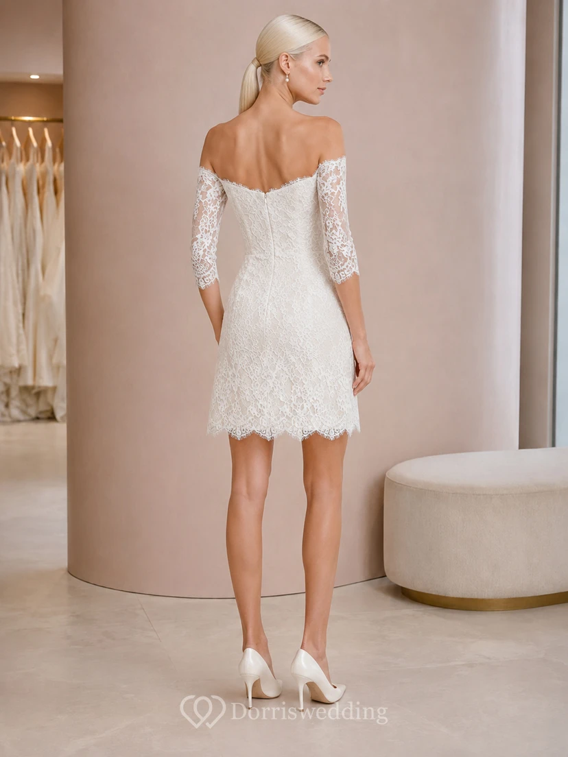 Elegant Short Off Shoulder Three-Quarter Lace Sheath Romantic Wedding Dress view 2