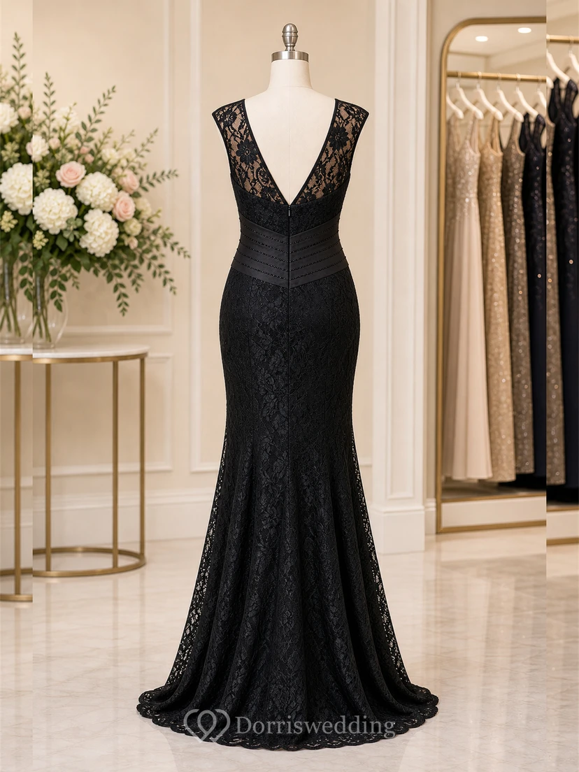 Cap-Sleeved Long Lace Mother Of The Bride Dress With Beadings And V-Back view 6