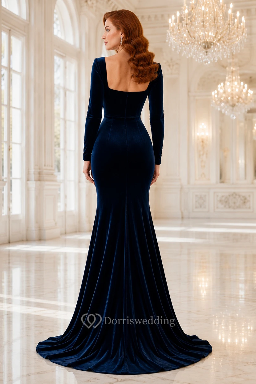 Robe sirène en velours bleu marine foncé à col carré et manches longues view 2