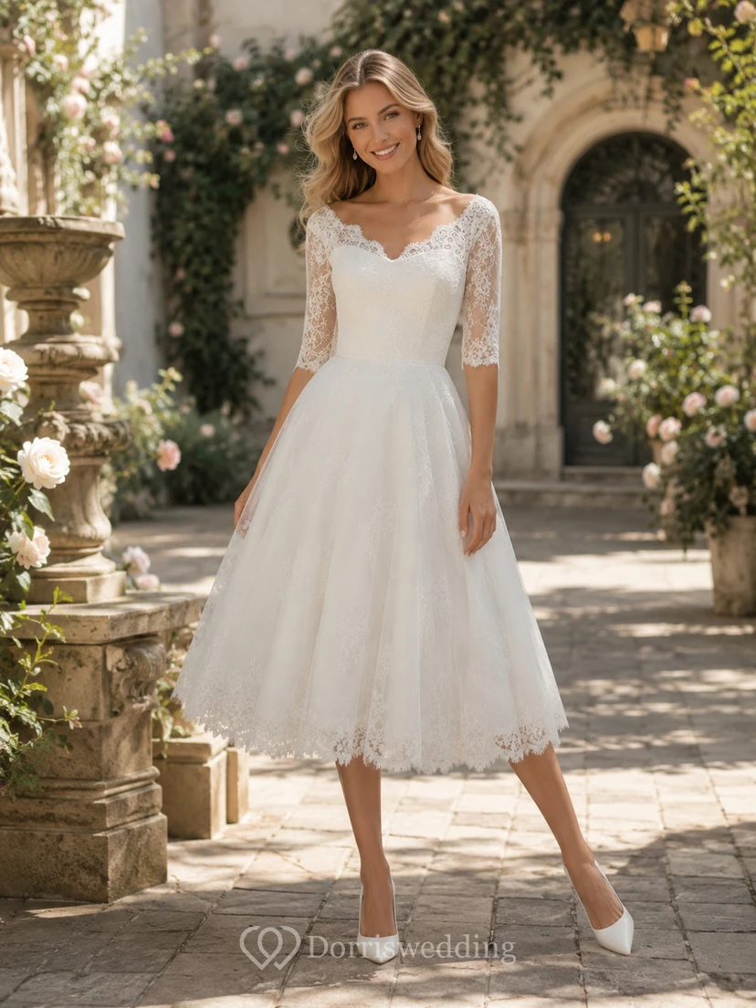 Vestido de novia de corte A con mangas de encaje y largo hasta la rodilla