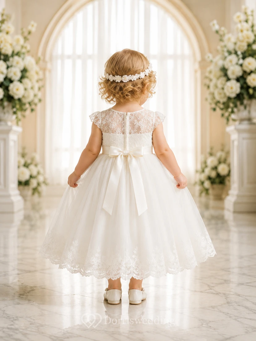 Robe de demoiselle d'honneur en dentelle ivoire et tulle, coupe trapèze, manches courtes, col rond, longueur midi view 2